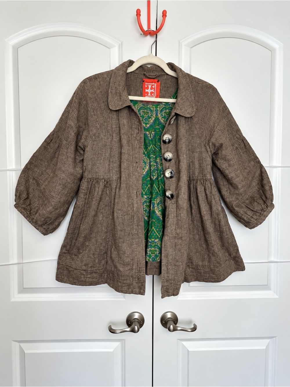 Free People Brown Linen Blend Swing Jacket Cardigan Size L Boho Oversized